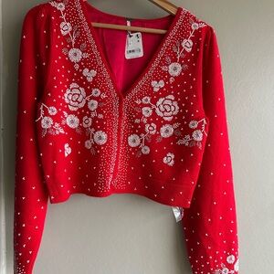 Free People Red and White Floral Embroidered cropped cardigans